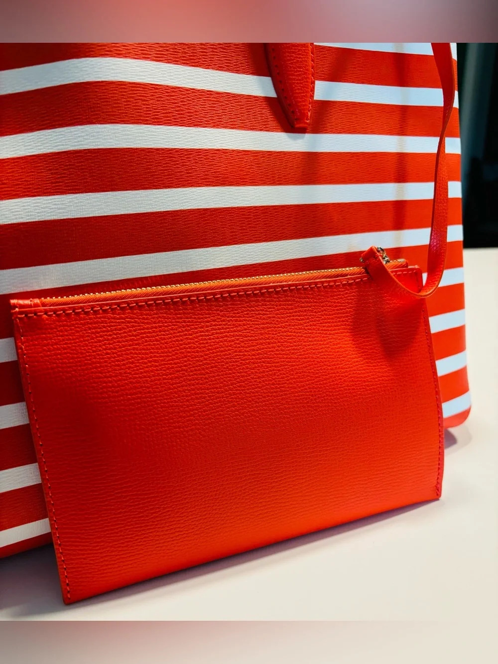 kate spade NWT Orange White Striped Tote with Detachable Pouch